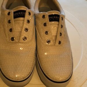 Gorgeous white Sperry slide on sequin tennis shoes